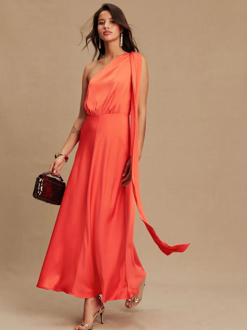 Coral Pink Textured Satin Scarf Neck Midi Dress