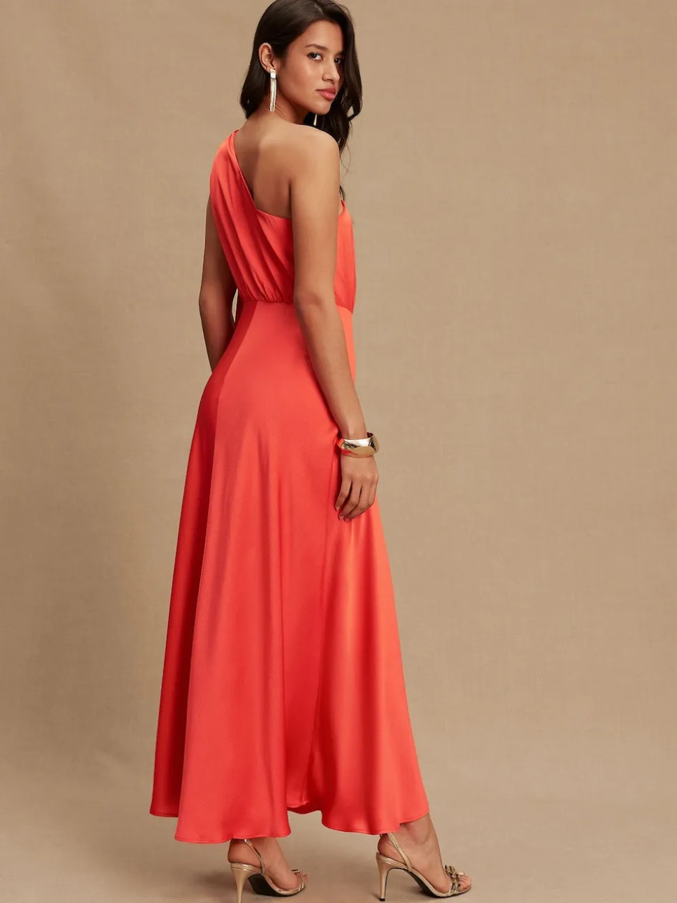 Coral Pink Textured Satin Scarf Neck Midi Dress