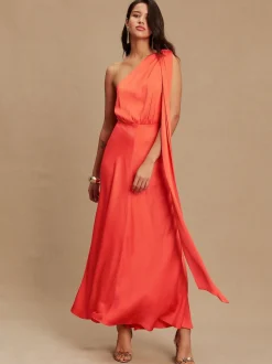 Coral Pink Textured Satin Scarf Neck Midi Dress
