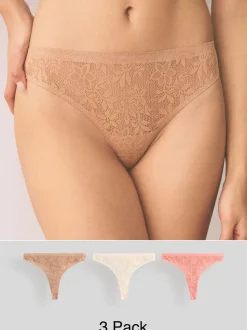 Coral Pink Thong All-Over Lace No VPL Knickers 3 Pack