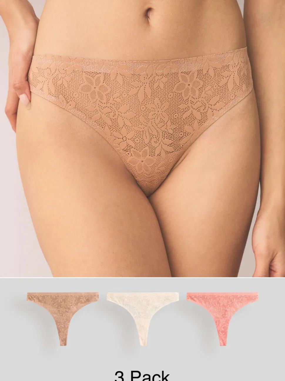 Coral Pink Thong All-Over Lace No VPL Knickers 3 Pack