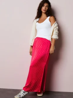 Coral/Pink Jacquard Polka Dot Satin Skirt