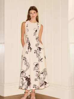 Cream and Black Floral Print Sleeveless Column A-Line Maxi Dress
