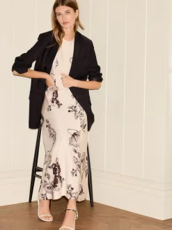 Cream and Black Floral Print Sleeveless Column A-Line Maxi Dress