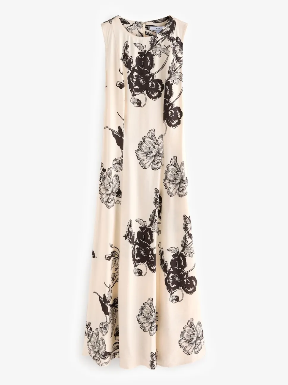 Cream and Black Floral Print Sleeveless Column A-Line Maxi Dress