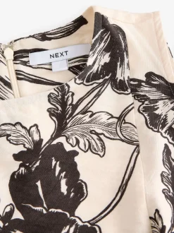 Cream and Black Floral Print Sleeveless Column A-Line Maxi Dress