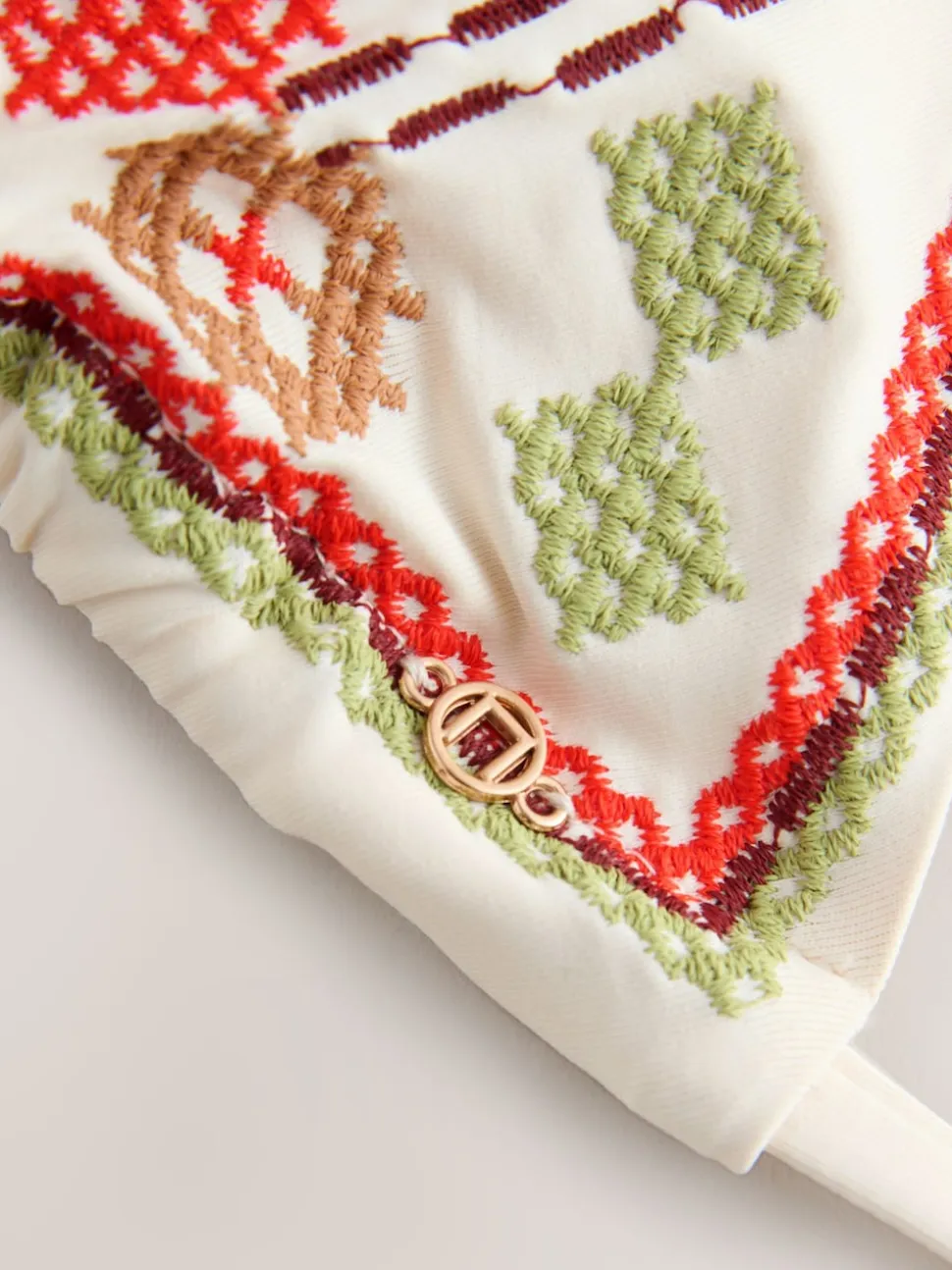 Cream Cherry Crosshatch Embroidered Triangle Bikini Top
