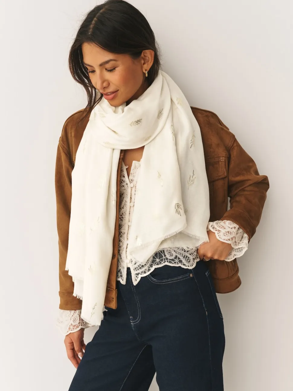 Cream Foil Print Lightweight Scarf