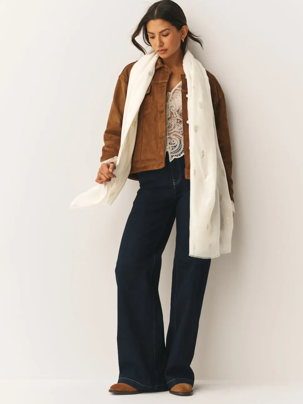 Cream Foil Print Lightweight Scarf