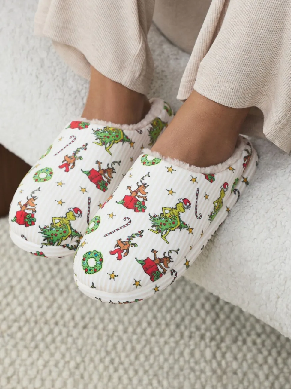 Cream Grinch Matching Family Christmas Mule Slippers
