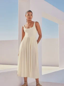 Cream Jersey Waisted Summer Dress