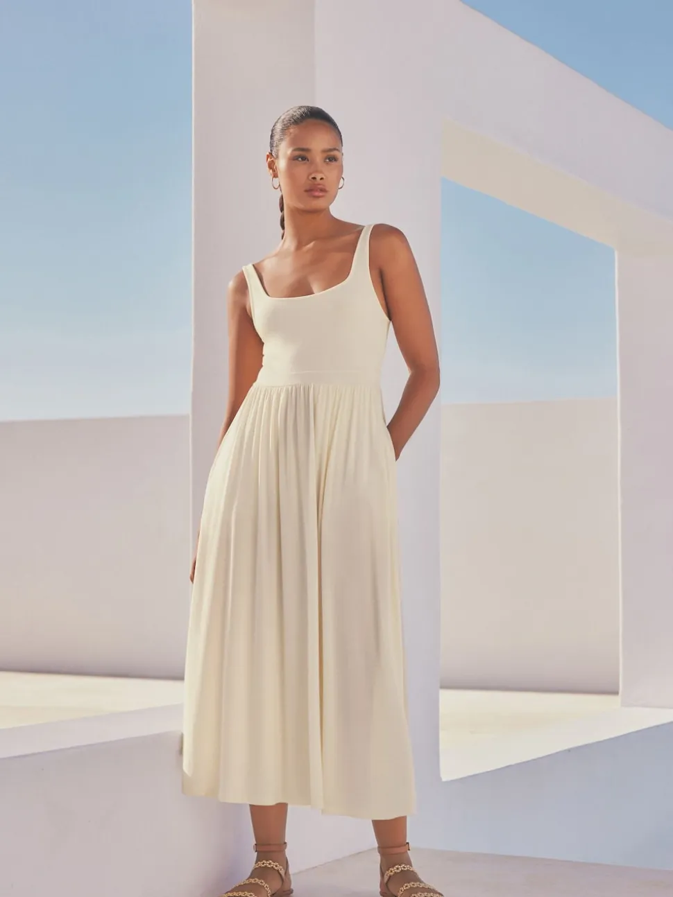 Cream Jersey Waisted Summer Dress