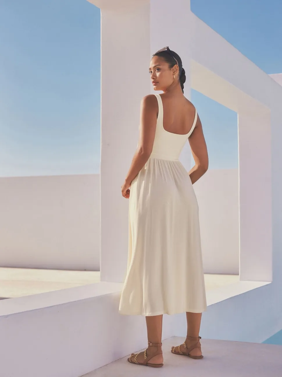 Cream Jersey Waisted Summer Dress