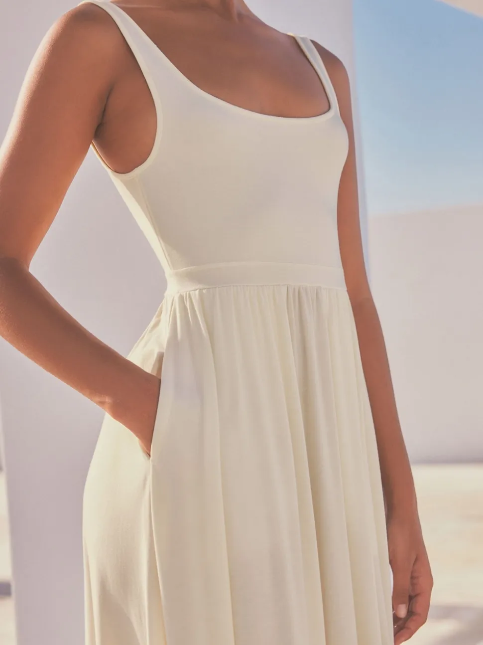 Cream Jersey Waisted Summer Dress