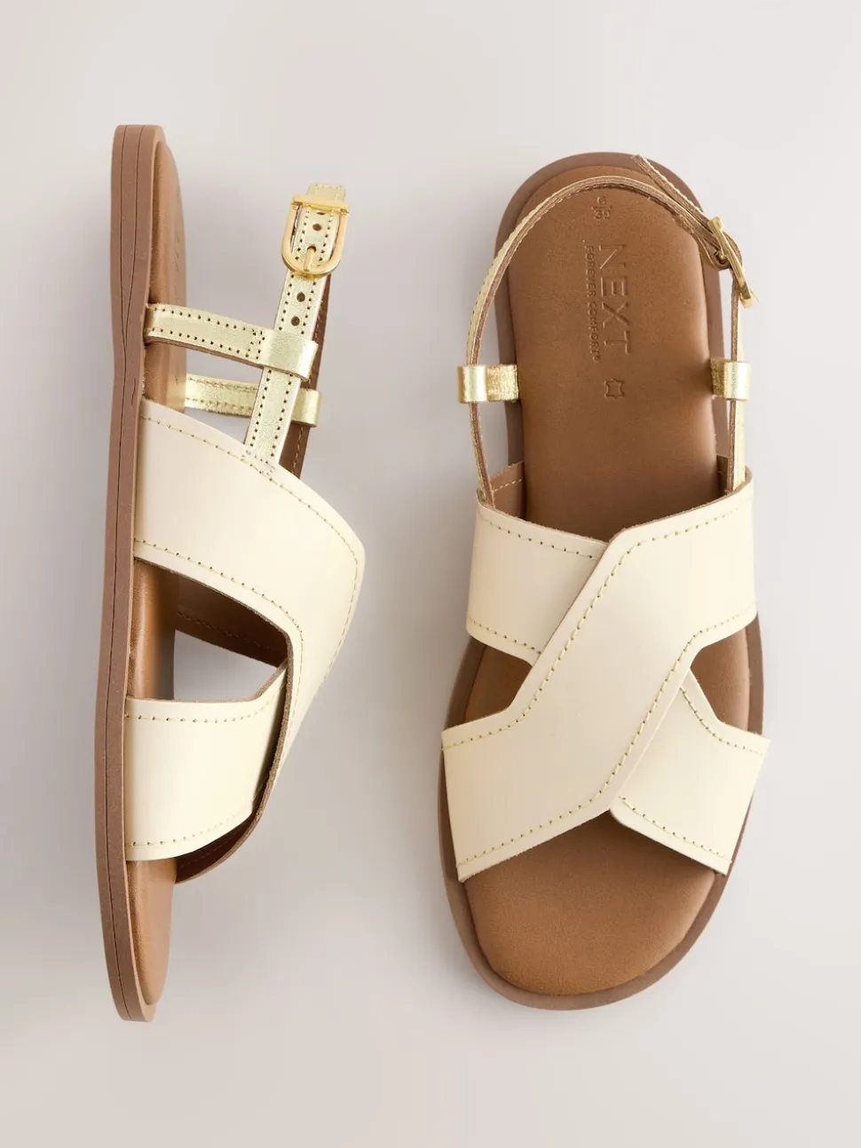 Cream Leather Standard/Wide Fit Stitched Slingback Sandals