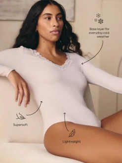 Cream Thermal Base Layer Lace Trim Bodysuit