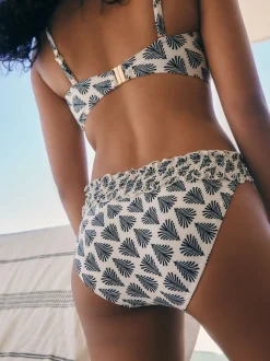 Cream/Black Fan Print Shirred High Leg Bikini Bottoms