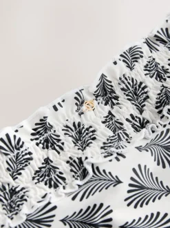 Cream/Black Fan Print Shirred High Leg Bikini Bottoms