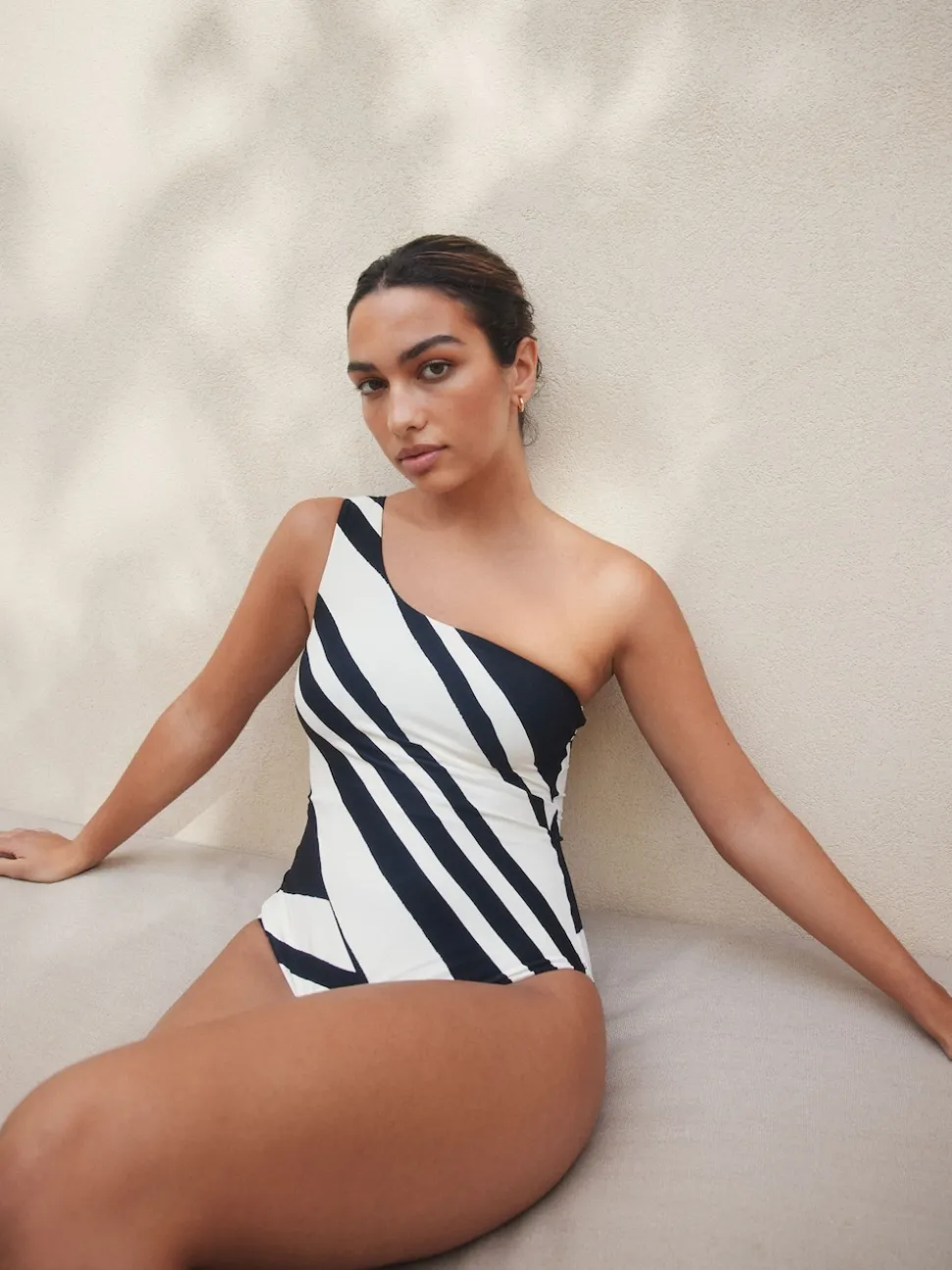 Cream/Black Stripe One Shoulder Tummy Control Swimsuit