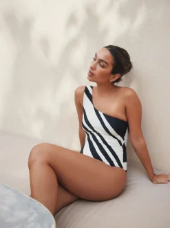 Cream/Black Stripe One Shoulder Tummy Control Swimsuit