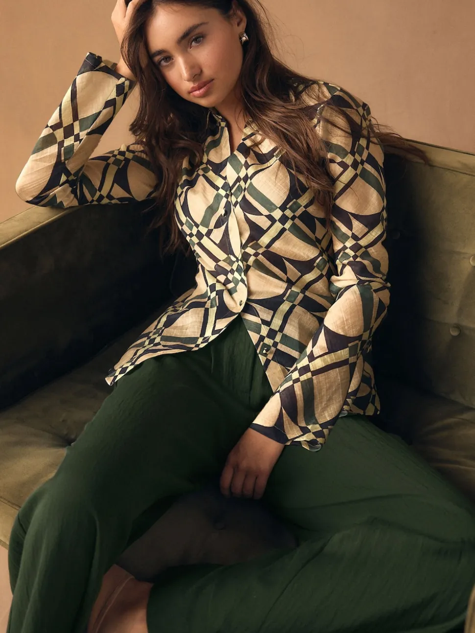 Cream/Green Geometric Print Lyocell Blend Collared V-Neck Shirt