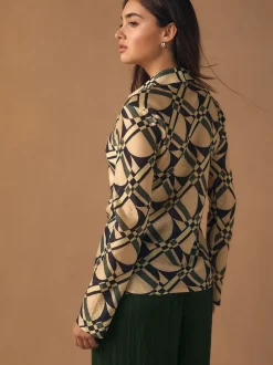 Cream/Green Geometric Print Lyocell Blend Collared V-Neck Shirt