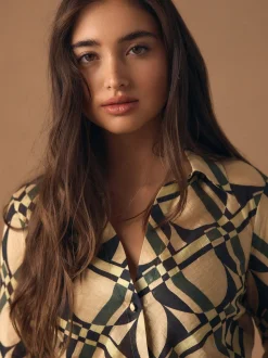 Cream/Green Geometric Print Lyocell Blend Collared V-Neck Shirt