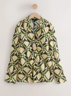 Cream/Green Geometric Print Lyocell Blend Collared V-Neck Shirt