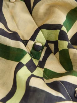 Cream/Green Geometric Print Lyocell Blend Collared V-Neck Shirt