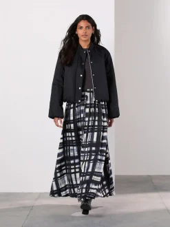 Cream/Navy Check Satin Pleated Maxi Skirt