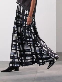 Cream/Navy Check Satin Pleated Maxi Skirt