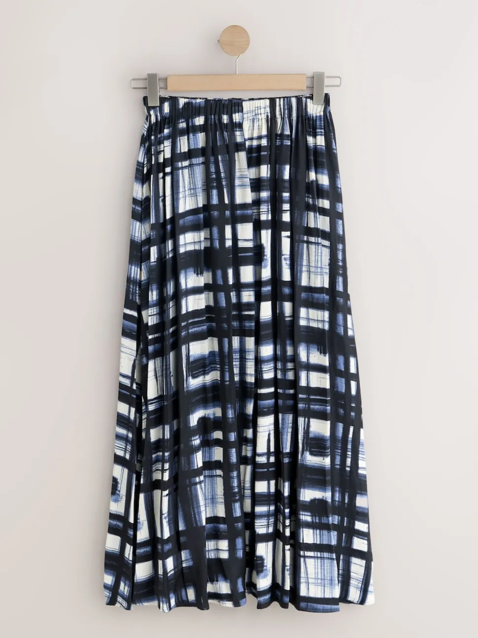 Cream/Navy Check Satin Pleated Maxi Skirt