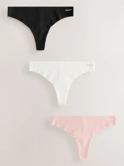 Cream/Pink/Black Thong Cotton Rich No VPL Knickers 3 Pack