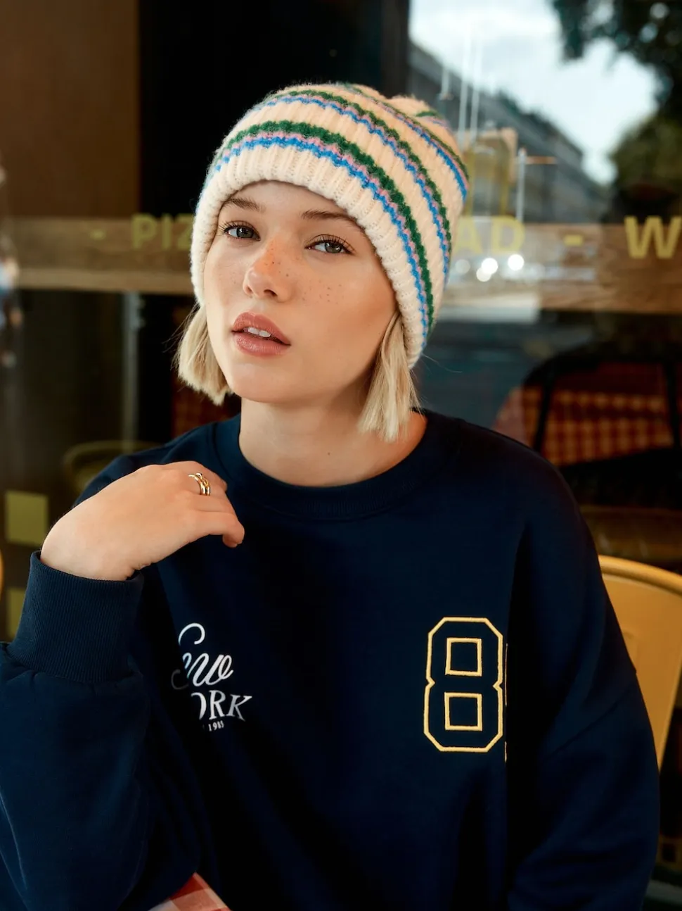 Cream/Pink/Green Knitted Beanie Hat
