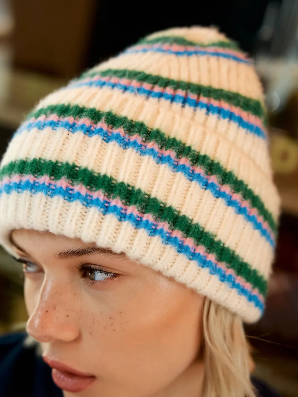 Cream/Pink/Green Knitted Beanie Hat