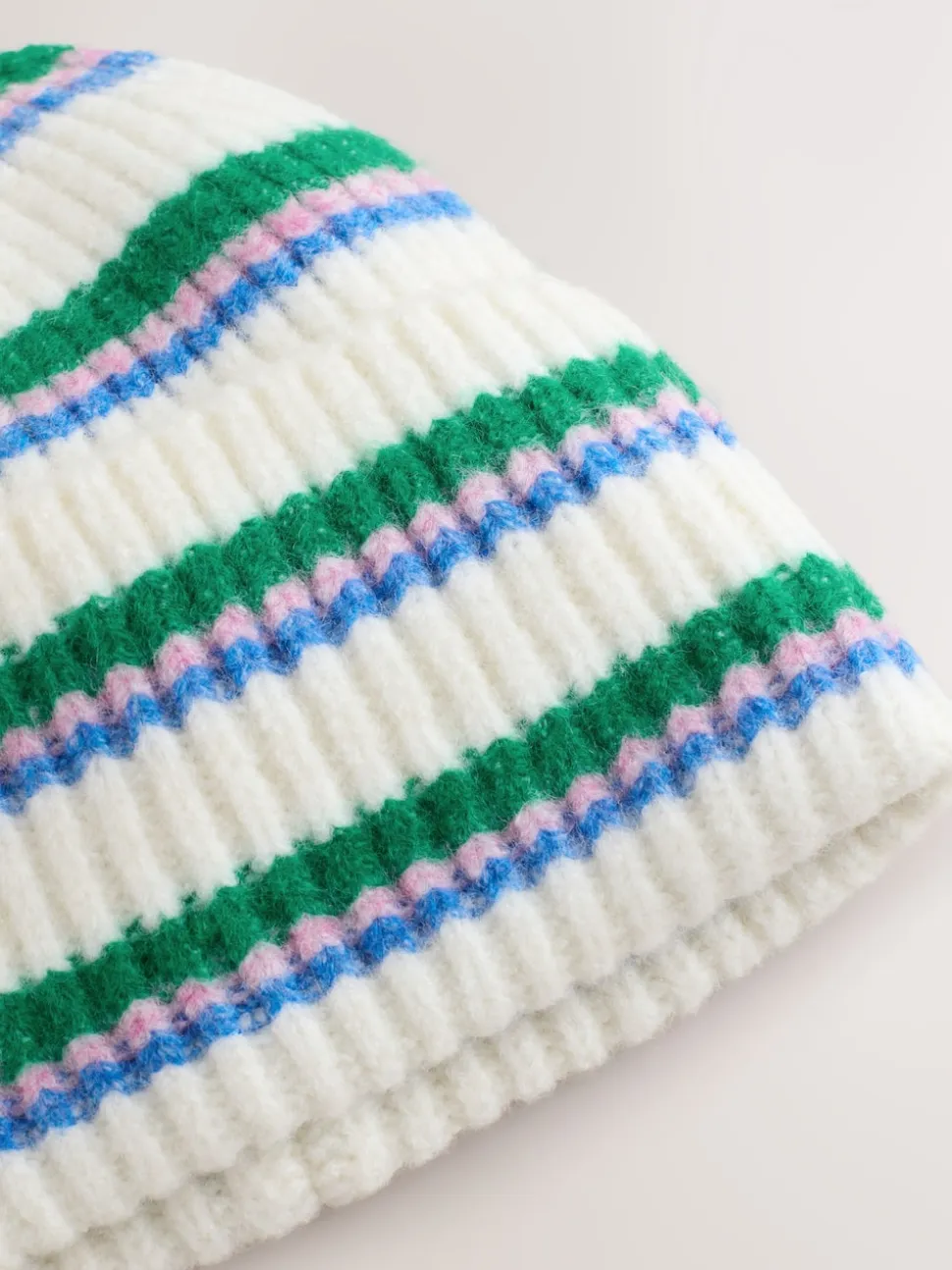Cream/Pink/Green Knitted Beanie Hat