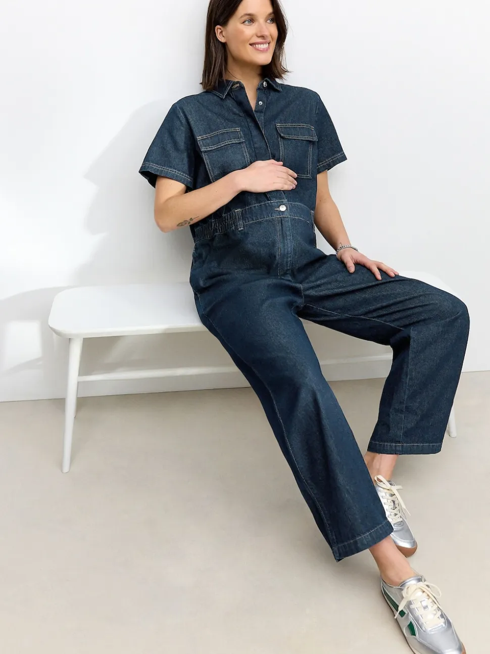 Dark Blue 100% Cotton Maternity Denim Boilersuit