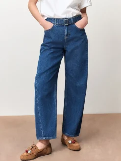 Dark Blue Belted Barrel Jeans