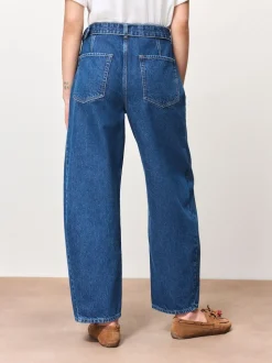 Dark Blue Belted Barrel Jeans