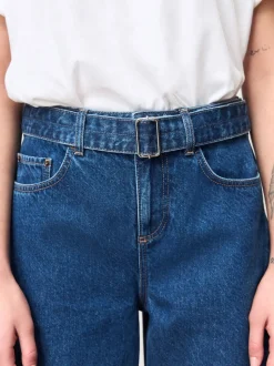 Dark Blue Belted Barrel Jeans