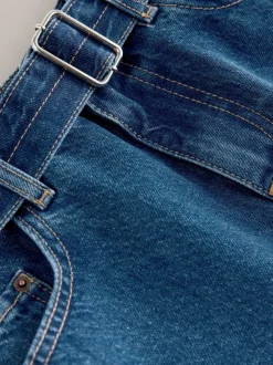 Dark Blue Belted Barrel Jeans