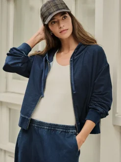 Dark Blue Denim Jersey Zip Through Hoodie