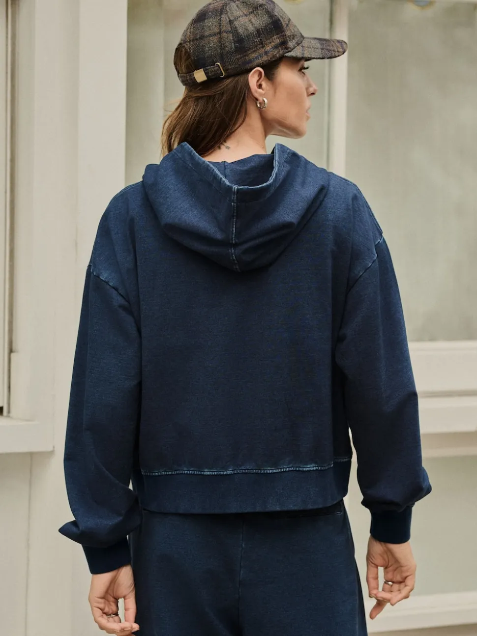Dark Blue Denim Jersey Zip Through Hoodie