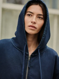 Dark Blue Denim Jersey Zip Through Hoodie