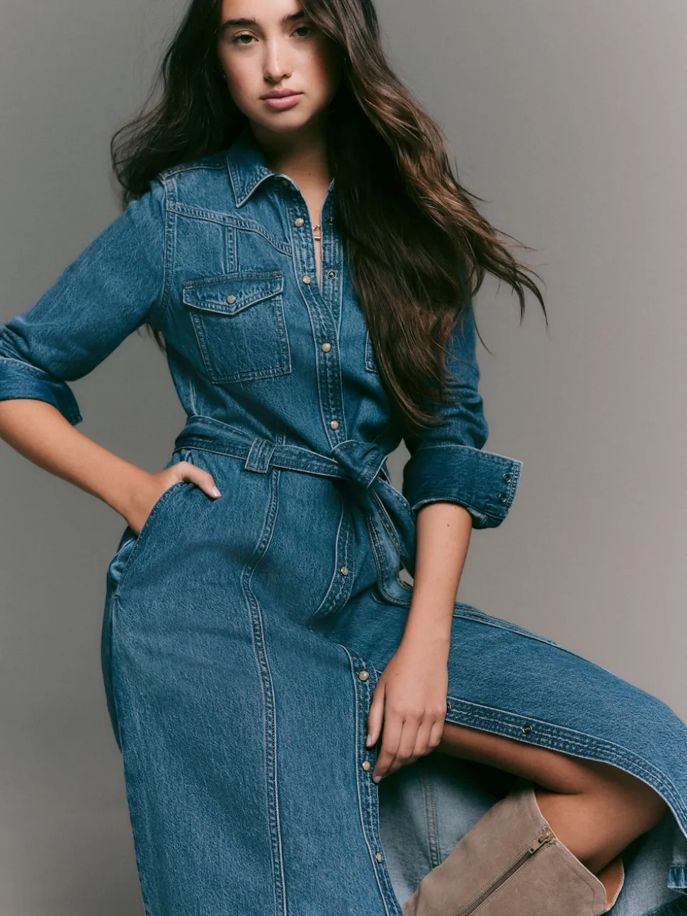 Dark Blue Denim Midi Shirt Dress