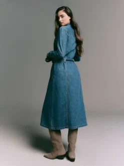 Dark Blue Denim Midi Shirt Dress