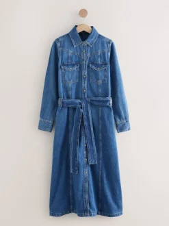 Dark Blue Denim Midi Shirt Dress