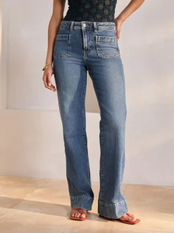 Dark Blue Patch Pocket Wide Leg Jeans