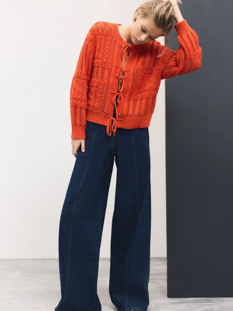 Dark Blue Pintuck Wide Leg Denim Joggers