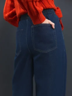 Dark Blue Pintuck Wide Leg Denim Joggers
